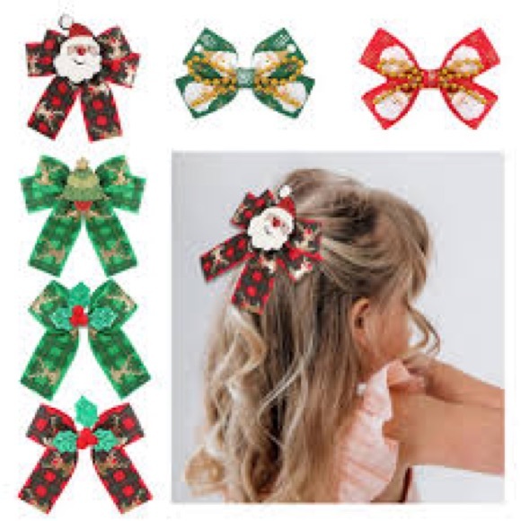 Hair Bow Jumbo XMAS Sequin Double Layered Tree Grosgrain Bow-tie Set of 3 New - Picture 3 of 4